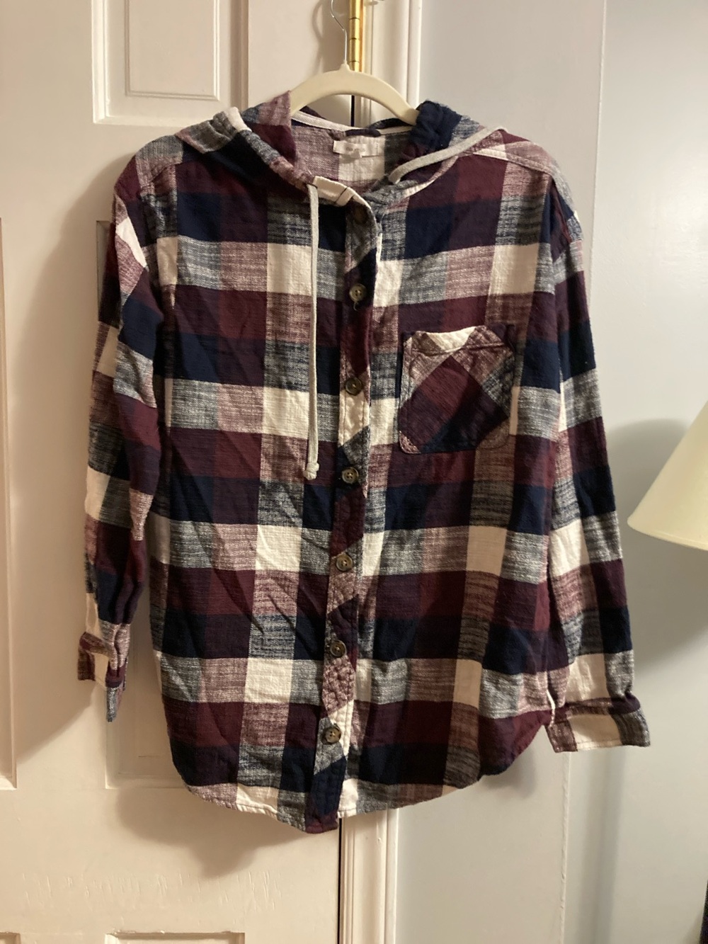 Maurices Plaid Hooded Button-Down Shirt - Navy, Burgundy & White Size Small